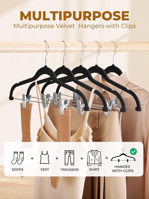 HOUSE DAY Black Velvet Hangers - Premium Non-Slip Felt Clothes Hangers | 60 Pack with Adjustable Clips