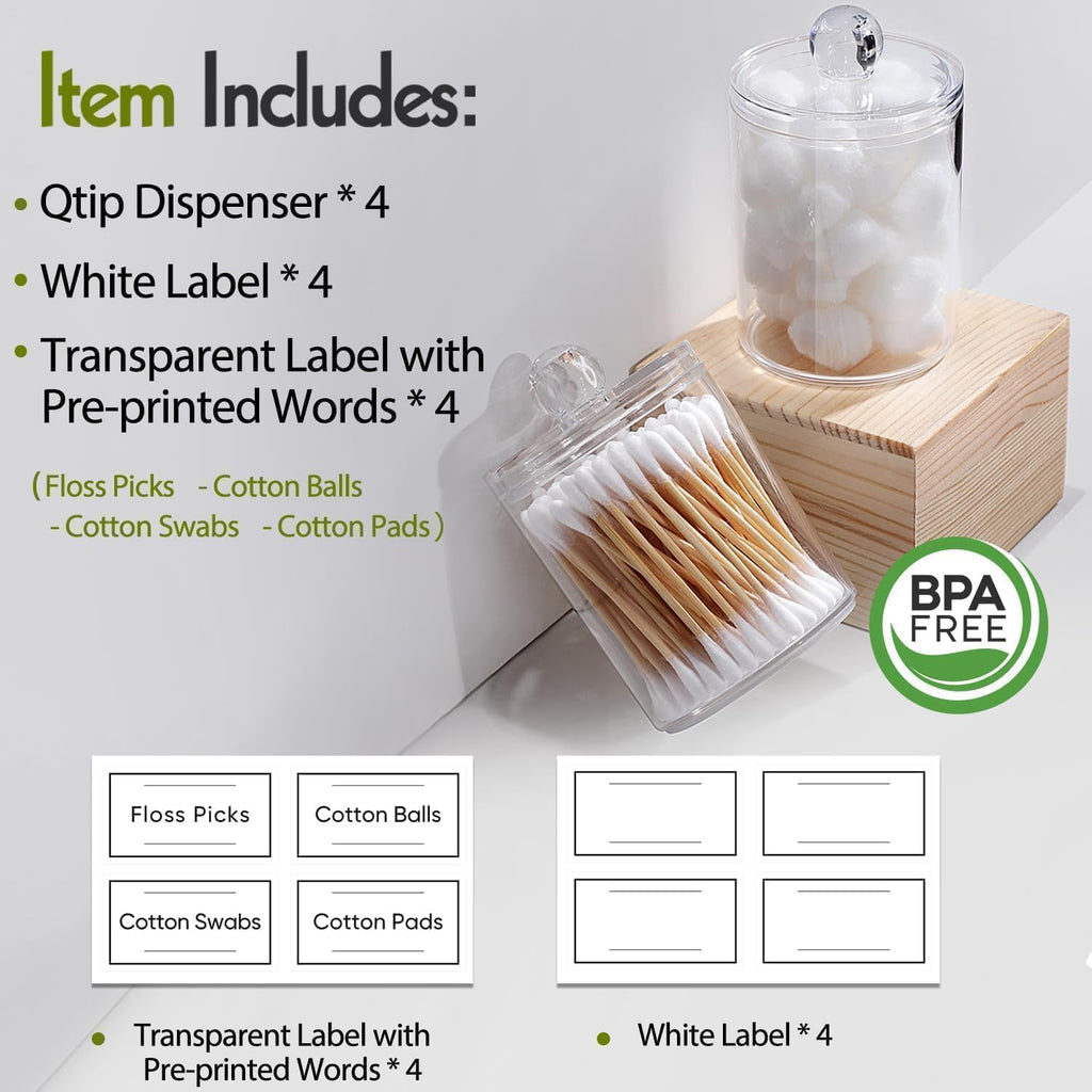 Skiennix Acrylic Qtip Holder Dispenser - 4 Pack Clear Canisters for Cotton Swabs & Makeup Storage