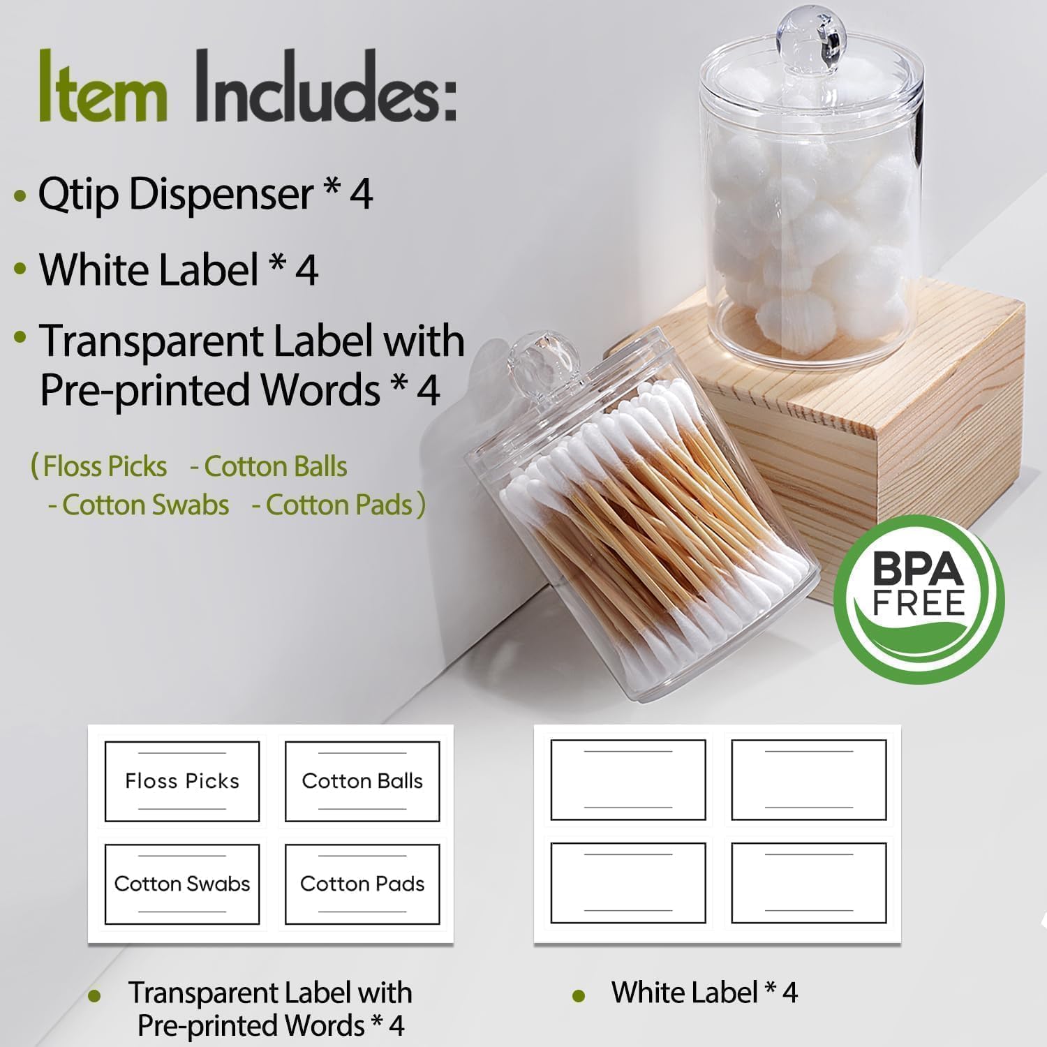 Skiennix Acrylic Qtip Holder Dispenser - 4 Pack Clear Canisters for Cotton Swabs & Makeup Storage