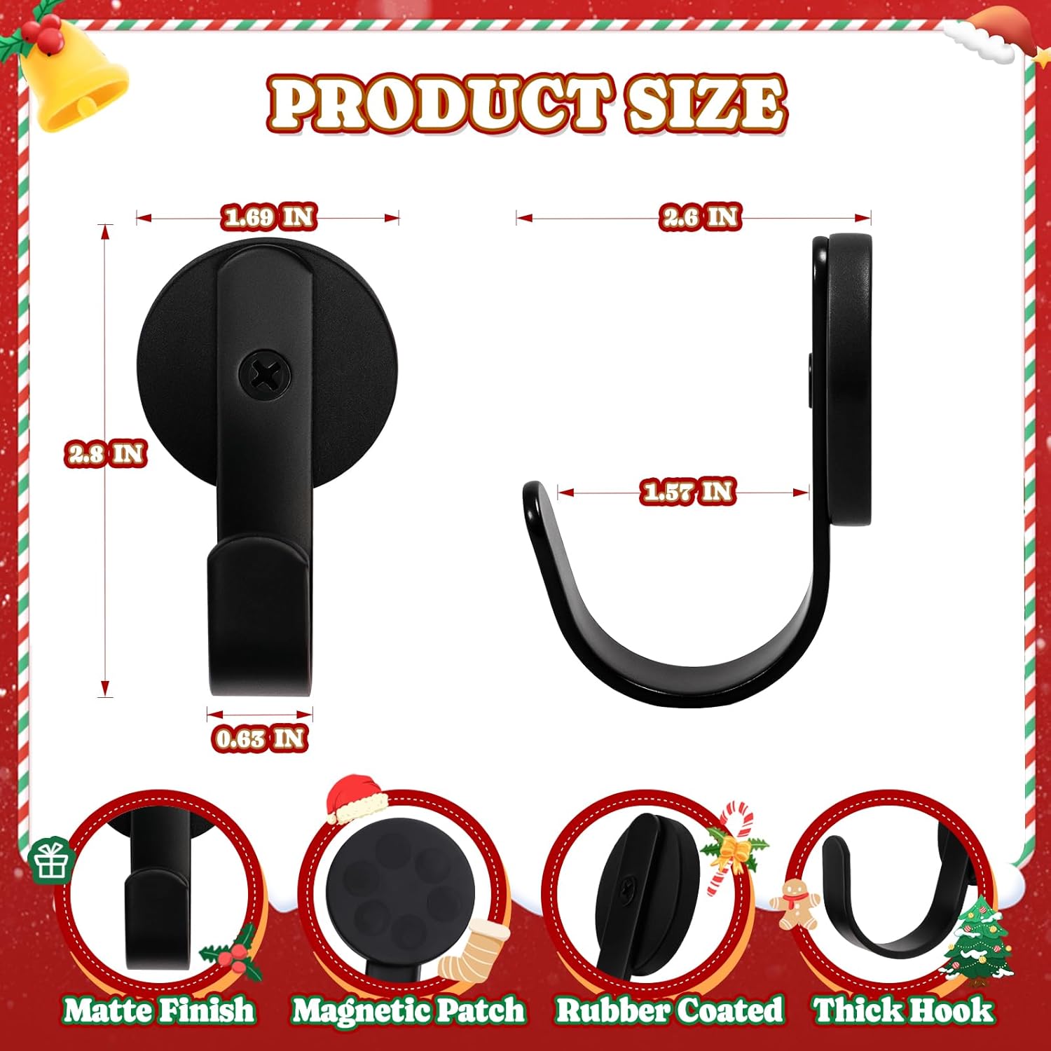 Skiennix Magnetic Wreath Hanger - Rubber Coated Hooks for Fridge & Metal Doors | Black, 2 Pcs