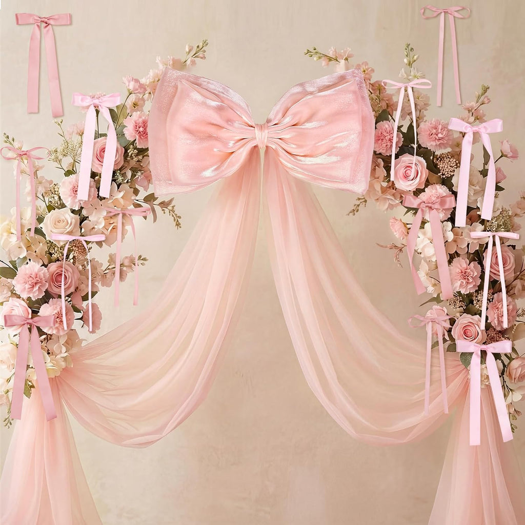 Skiennix 13Pcs Large Pink Pearl Silk Satin Bow Set - 17x55 Inch Giant Bow & 12 Small Satin Bows for DIY Decor