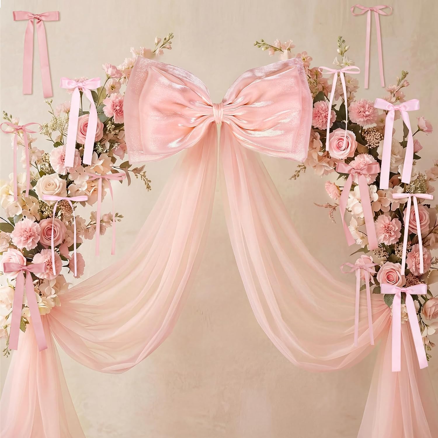 Skiennix 13Pcs Large Pink Pearl Silk Satin Bow Set - 17x55 Inch Giant Bow & 12 Small Satin Bows for DIY Decor