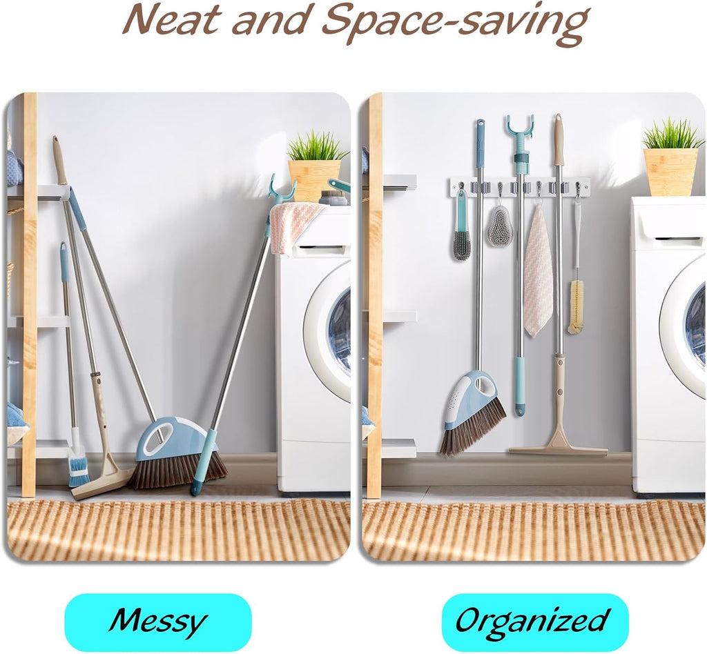 OUTNILI Wall-Mounted Mop Broom Holder - 3 Slots & 4 Hooks for Kitchen & Garden Organization | Durable Wood Design
