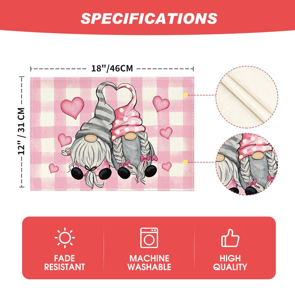 Artoid Mode Pink Buffalo Plaid Hearts Gnomes Valentine Placemats Set of 4, 12x18 Inch Seasonal Anniversary Holiday Table Mats for Party Kitchen Dining Decoration
