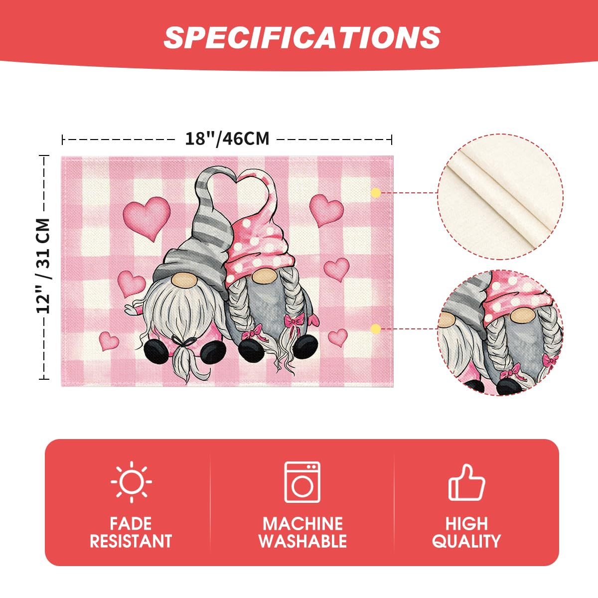 Artoid Mode Pink Buffalo Plaid Hearts Gnomes Valentine Placemats Set of 4, 12x18 Inch Seasonal Anniversary Holiday Table Mats for Party Kitchen Dining Decoration