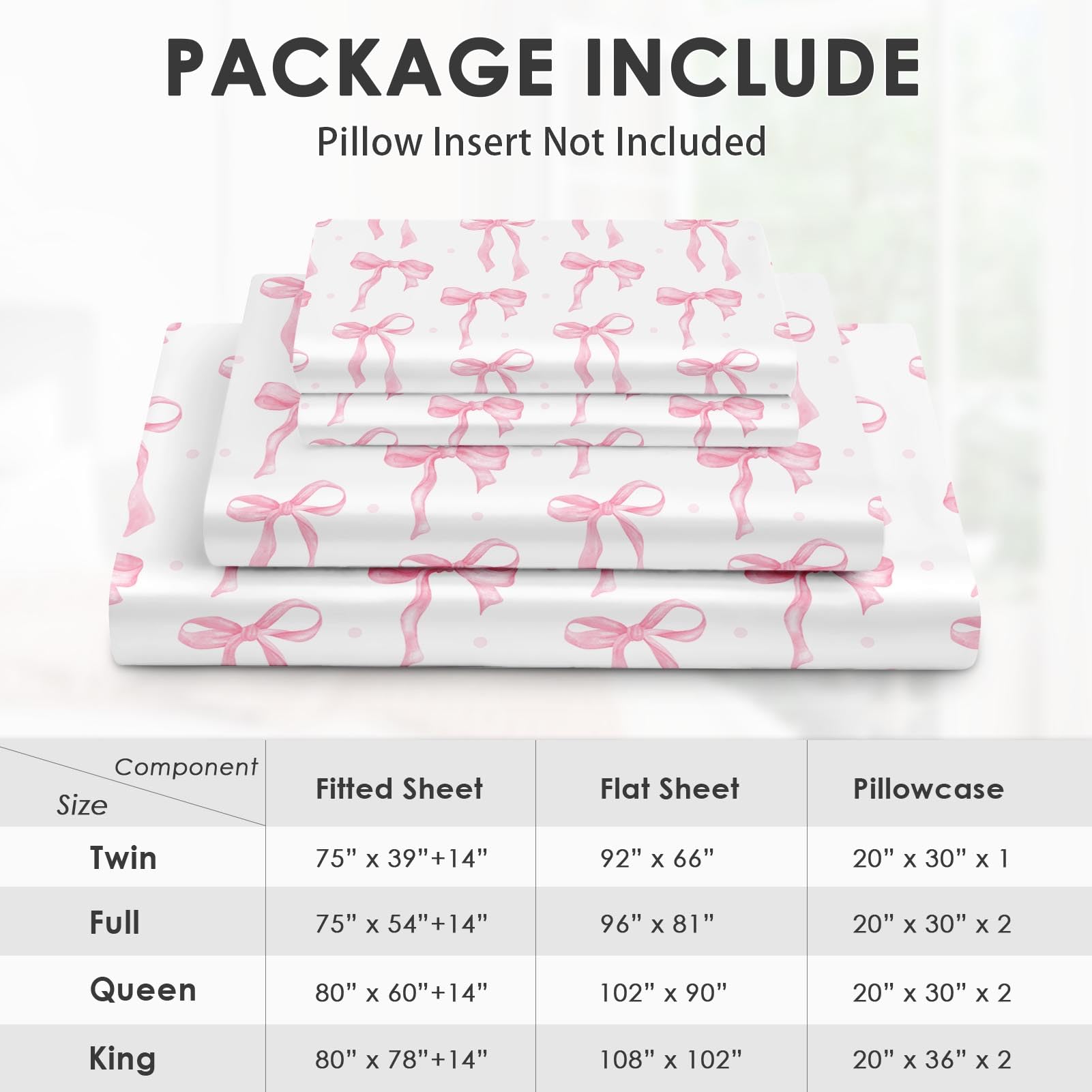 Zzzboro 4 Pcs Fitted Sheet Set Queen Size, Cute Coquette Pink Bow Bowknot, Bed Decor Sweet Themed Elegant Girly Baby Bedroom Sets Pillowcase Bedsheet Bedding Flat Sheet for Kids and Adults