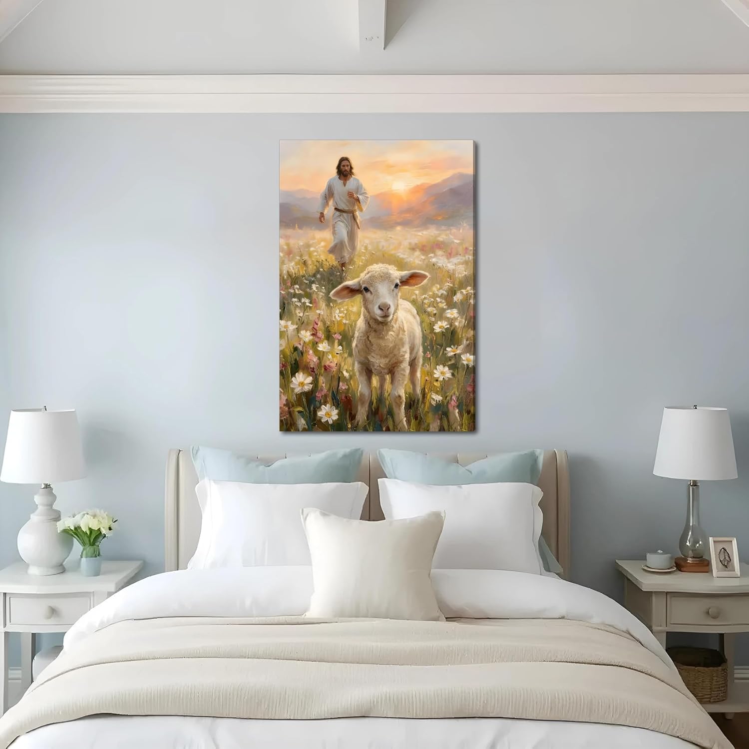 SIXWOOD Canvas Wall Art - Good Shepherd Jesus with Lost Sheep | Framed 12x16 in Christian Decor