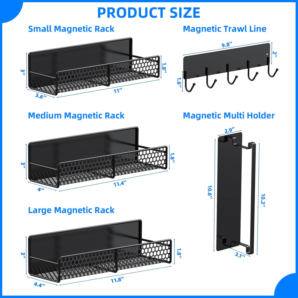 JulktLli 5 Pack Multifunctional Magnetic Shelves for Washing Machine & Refrigerator - Heavy Duty Laundry Room Organization System with Tool Hooks, Metal Storage Baskets (Black)