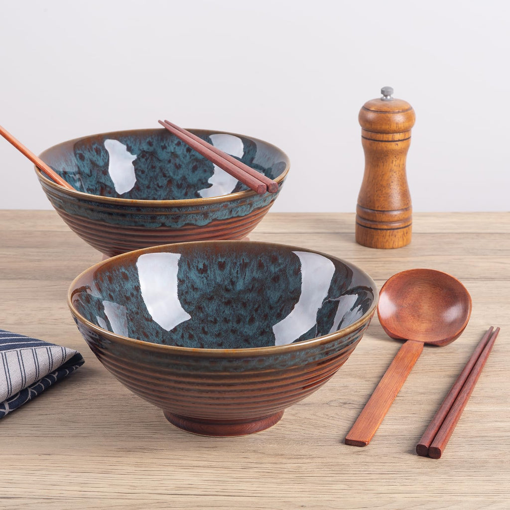Tacuhy 40oz Japanese Ceramic Ramen Bowl Set of 2 with Chopsticks and Spoons for Pho Udon Asian Soup Noodles (Peacock Tail)