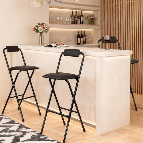 FATOLRD Folding Bar Stool with Back, 1 pcs Tall Foldable Stool Chair Portable Collapsible Stool for Adult Counter Height Seat Leather Padded Kitchen Shop Comfortable Sturdy