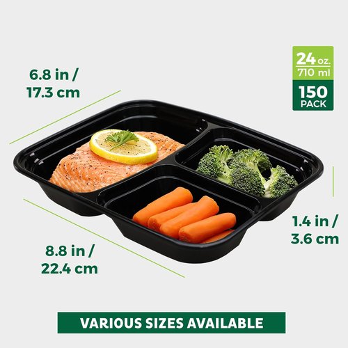 Freshware Meal Prep Containers - 3 Compartment Bento Box | 150 Pack, BPA Free, Stackable & Microwave Safe (24 oz)