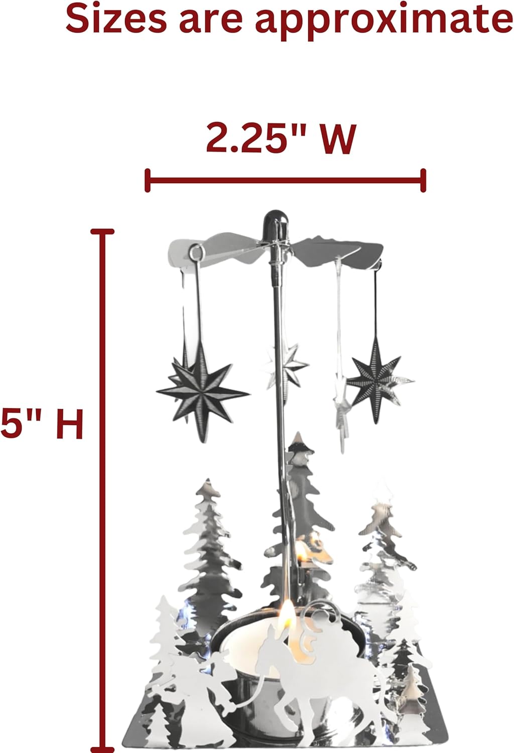 Nativity Candle Spinner - Laser-Cut Silver Tea Light Holder with Nativity Scene & Moravian Stars - 5" H x 3.5" L