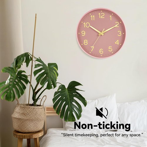 Roymnie Silent Wall Clocks Battery Operated 8 Inch-Modern Non Ticking Analog Clock Decorative for Kitchen Office Bathroom Bedroom(Pink Gold)
