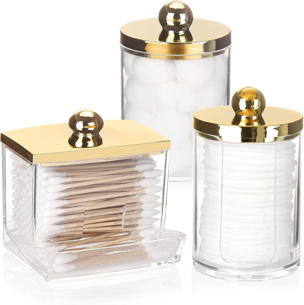 Tbestmax Q-Tips Dispenser | 3-Pack Bathroom Organizer - Plastic Apothecary Jars with Gold Lids