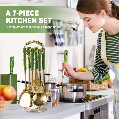 KEJJRIUTN 9 Piece Kitchen Utensil Set, Kitchen Accessories for Cooking, Gold Stainless Steel with Green Handles, Cooking Tools with Stand