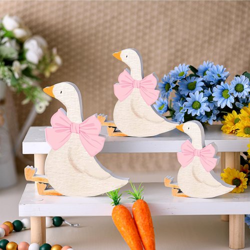 Lineshading 3 Pcs Silly Goose Birthday Party Decoration Pink Bow Wooden Silly Goose Baby Shower Decor Funny Table Centerpiece Gift for Party Favor Desk Tiered Tray, 5.9/4.7/3.9 Inch
