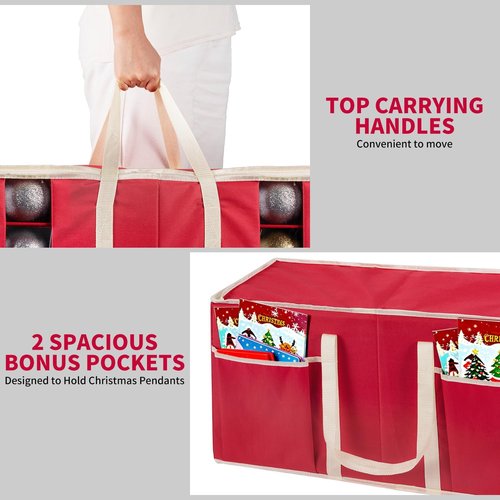 DIMESHY Large Christmas Ornament Storage Box - Adjustable Dividers & Two Handles for 128 Decorations | Red