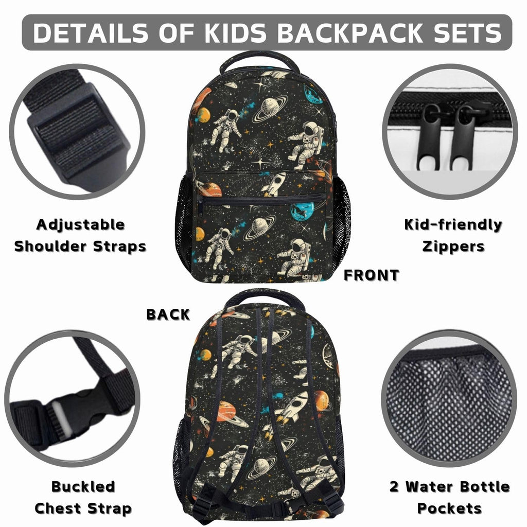 Jollitot Space Backpack for Boys with Insulated Lunch Box Pencil Case (3 Set), 17 Inch Large Lightweight School Bookbag for Elementary Middle School Kids, Waterproof Astronaut Travel Daypack (Black)