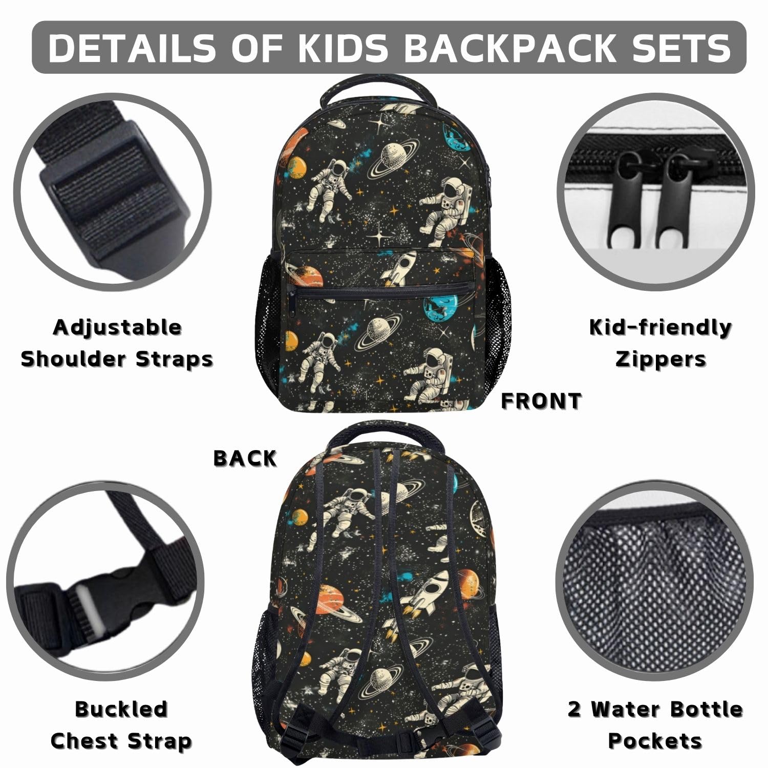 Jollitot Space Backpack for Boys with Insulated Lunch Box Pencil Case (3 Set), 17 Inch Large Lightweight School Bookbag for Elementary Middle School Kids, Waterproof Astronaut Travel Daypack (Black)