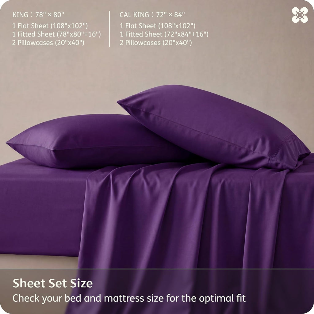 Bedsure King Size Cooling Sheets Set - Breathable Rayon from Bamboo | Soft & Luxurious Plum Color, Deep Pocket Up to 16 Inches