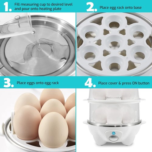 Elite Gourmet 2-Tiered Egg Cooker - Rapid 5-Egg Poacher for Soft, Medium, Hard-Boiled Eggs | BPA Free, White