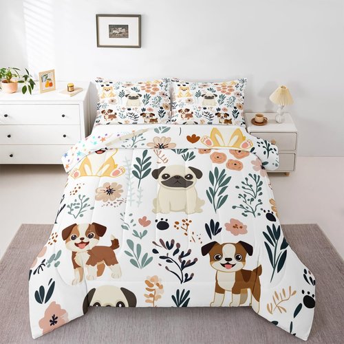 Feelyou Cute Puppy Dog Bedding Set - Kids Toddler Dog & Flowers Comforter Set - Botanical Plant Duvet & Quilt Set