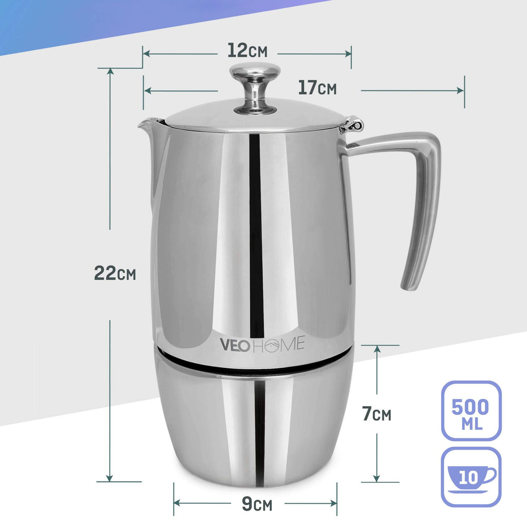 VeoHome Stovetop Espresso Coffee Maker - 10 Cups 500ml Multi-Stove Stainless Steel Induction Moka Pot - Unbreakable and Dishwasher-Safe Italian Style Caffe Machine