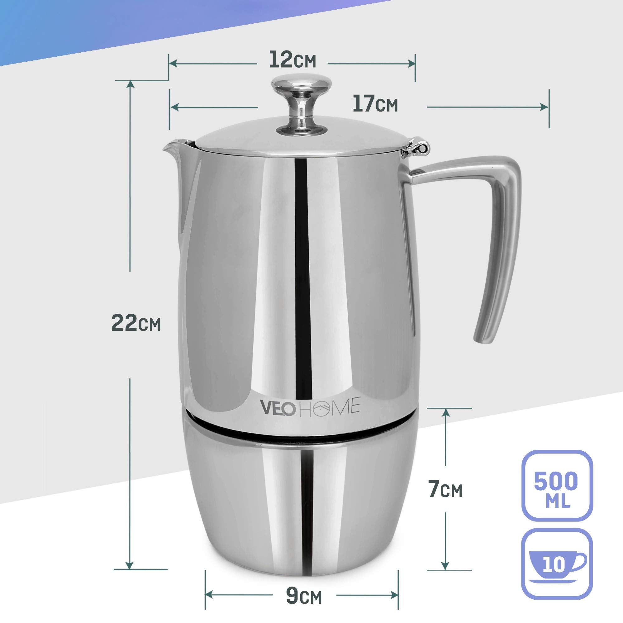VeoHome Stovetop Espresso Coffee Maker - 10 Cups 500ml Multi-Stove Stainless Steel Induction Moka Pot - Unbreakable and Dishwasher-Safe Italian Style Caffe Machine