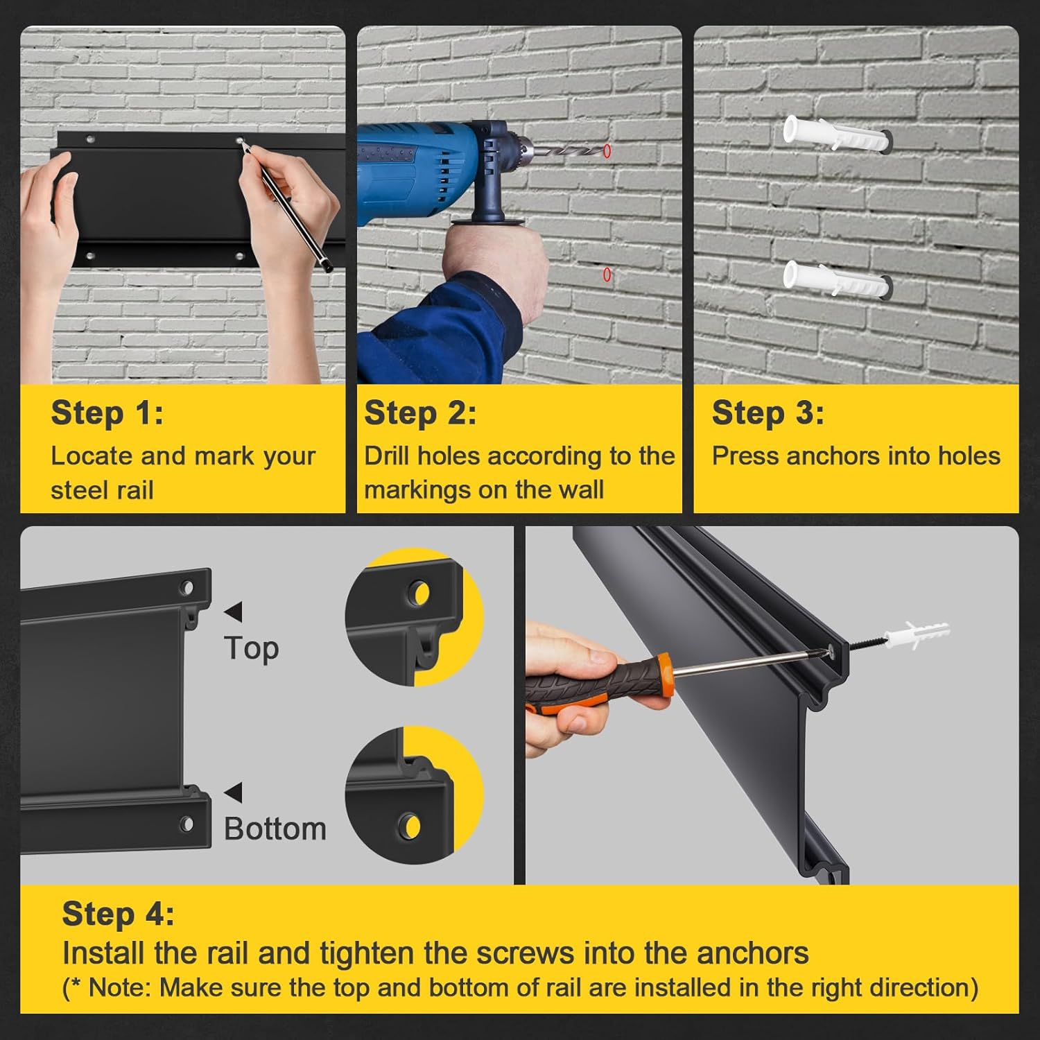 UUP Wall-Mount Garage Rail - Heavy-Duty Design Holds Up to 250lbs | Fits 16-Inch Studs, Black