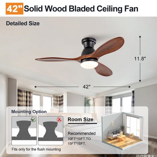Dimmable 42 Inch Flush Mount Ceiling Fans with Lights and Remote, 3 Blade Wood Bedroom Ceiling Fan with Lights Low Profile Ceiling Fan with Light Outdoor Ceiling Fans for Patios Living Room