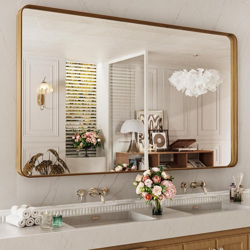 LOAAO Bathroom Mirror - 60x28 Inch Rounded Rectangle with Wood Grain Metal Frame | Anti-Rust, Versatile Hanging Options