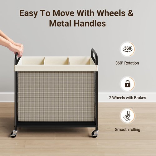 ELYKEN Laundry Hamper 3 Section, 120L Rolling Laundry Sorter with Removable Liner Bag, Laundry Basket with Wheels, Steel Frame with Metal Handle, Clothes Hamper Cart for Laundry Room & Bedroom