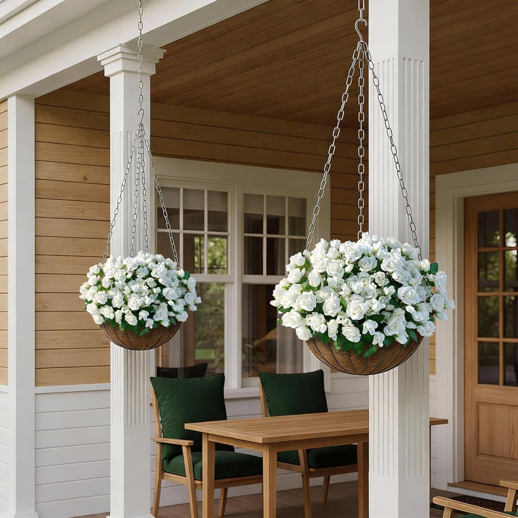 Skiennix Artificial Roses - Realistic Silk Bouquets for Outdoor Decor | UV Resistant White Flowers (8 Bundles)