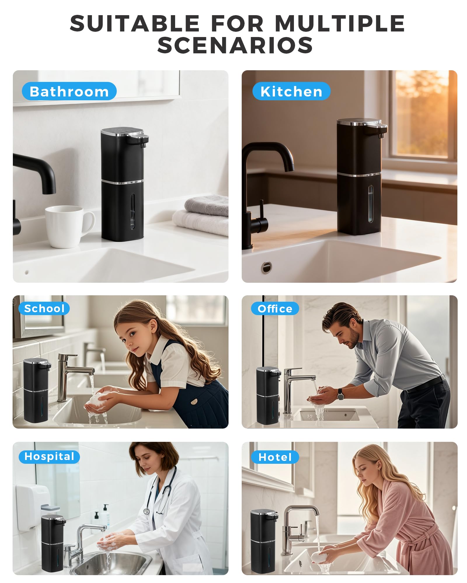 Automatic Liquid Soap Dispenser, 13.5oz/400mL, USB Rechargeable, 9-Level Adjustable, IPX5 Waterproof, Touchless & Wall/Tabletop, Compatible with Thick Thin Dish Soap for Kitchen Bathroom, Black