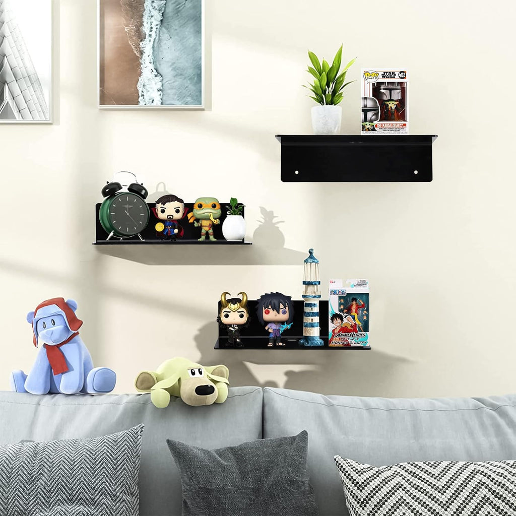 Skiennix 9-Inch Acrylic Floating Shelf Set of 2 - Damage-Free Wall Storage for Funko Pop, Black