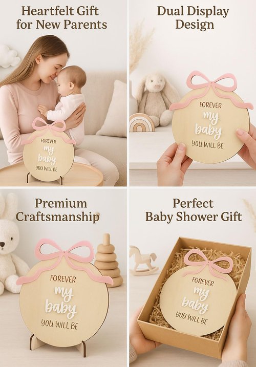 Forever My Baby You'll Be Wooden Sign Gift – Acrylic Bow Tabletop Decor with Stand for Nursery, Kids Room & Home, Heartwarming Quote Sign for Girls & New Parents