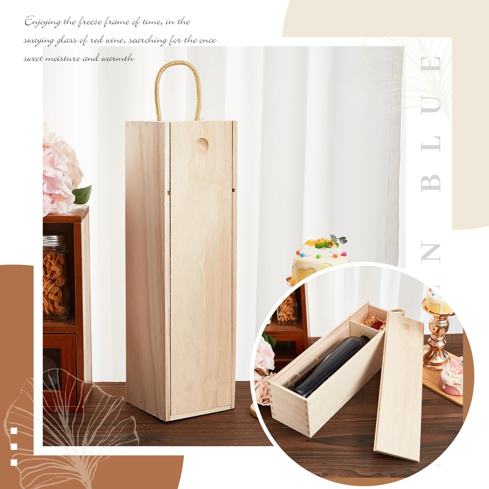Suzile 12 Pcs Wooden Wine Bottle Gift Box Set, Single Bottle Holder with Twine Handle & Raffia DIY Gift Wooden Box for Wedding Easter Groomsmen, Fits Standard 750ml Wine, 13.8x3.9x3.9in (Light Brown)