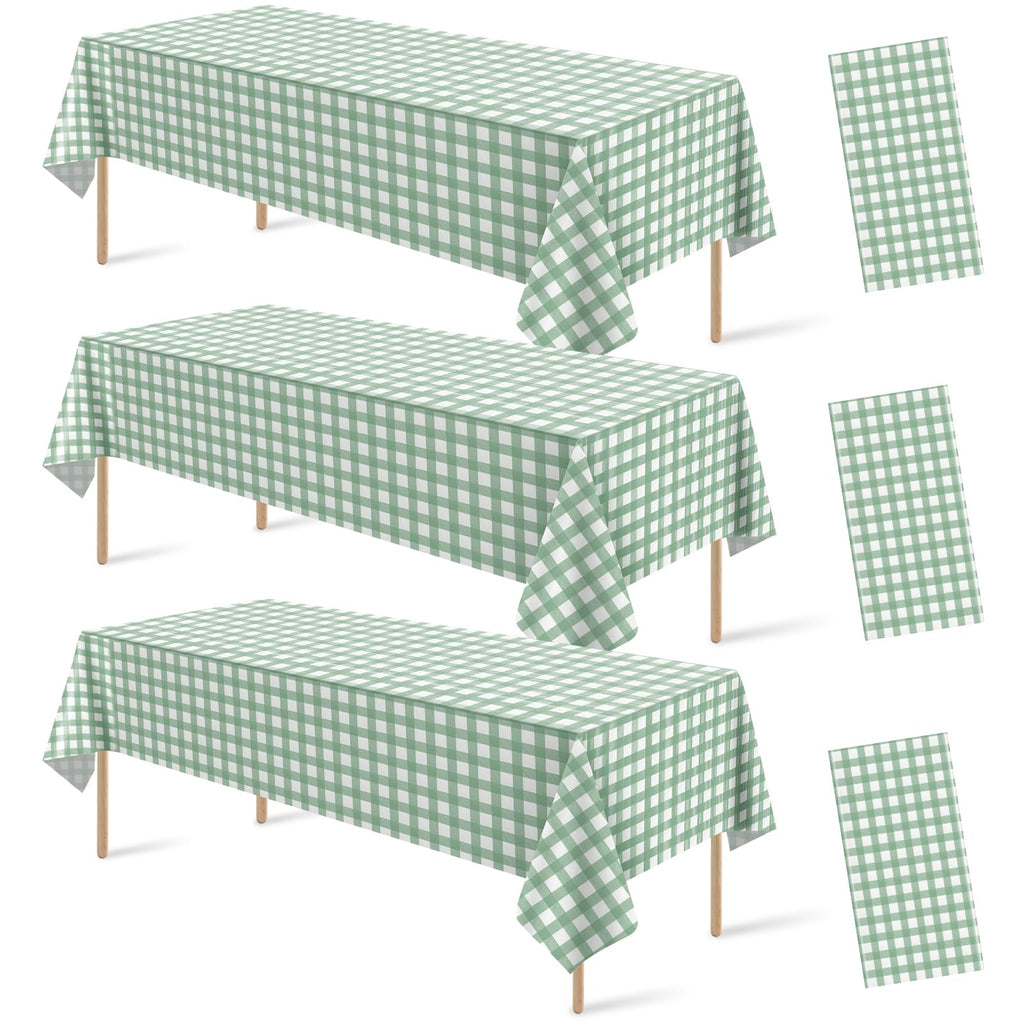 3Pcs Sage Green Gingham Birthday Party Tablecloth Decorations,Green White Checkered Plastic Table Cover Disposable Rectangle Plaid Table Cloth for Baby Shower Kids Wedding Party Supplies,54x108 Inch