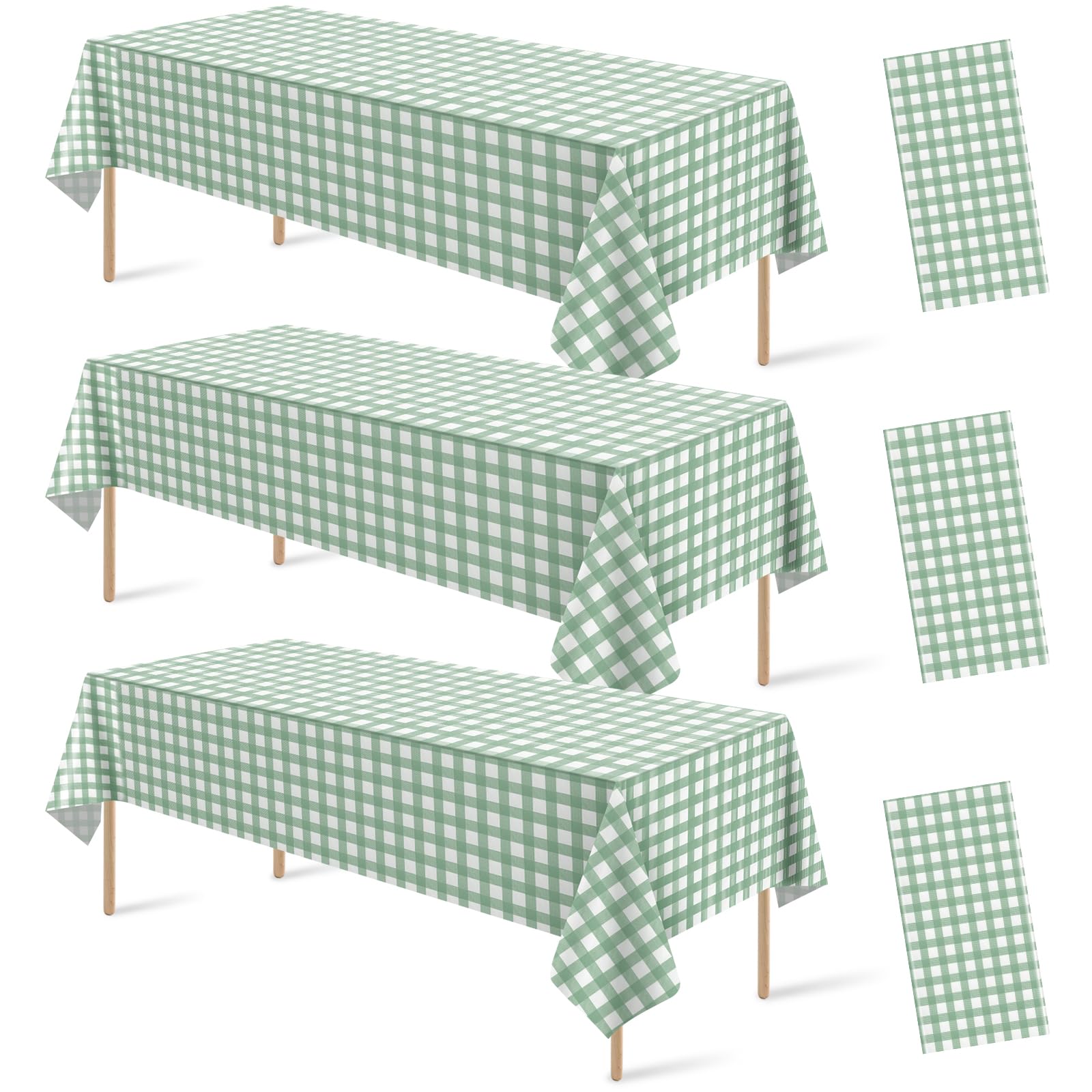 3Pcs Sage Green Gingham Birthday Party Tablecloth Decorations,Green White Checkered Plastic Table Cover Disposable Rectangle Plaid Table Cloth for Baby Shower Kids Wedding Party Supplies,54x108 Inch