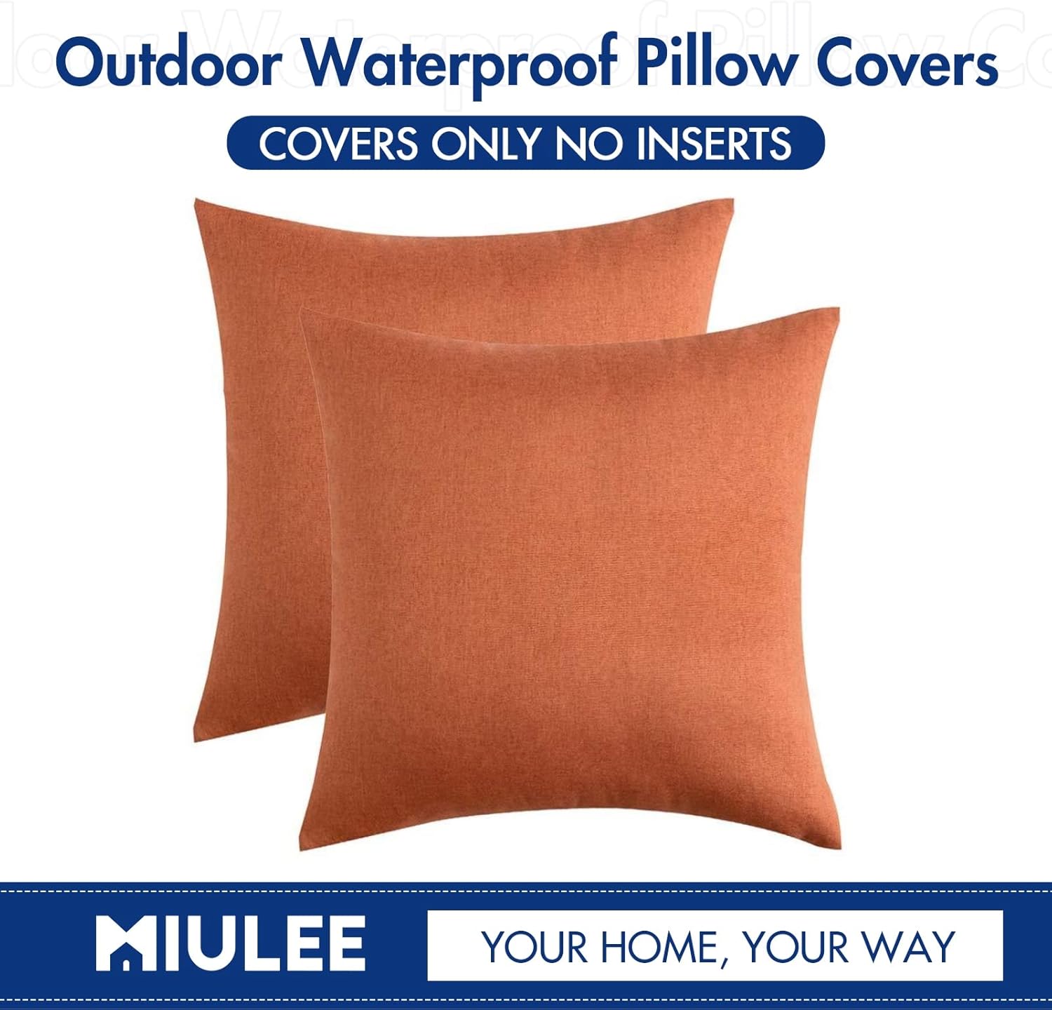 MIULEE Decorative Outdoor Throw Pillow Covers - Waterproof Faux Linen Cushion Cases | 26x26 Inch Orange, Pack of 2