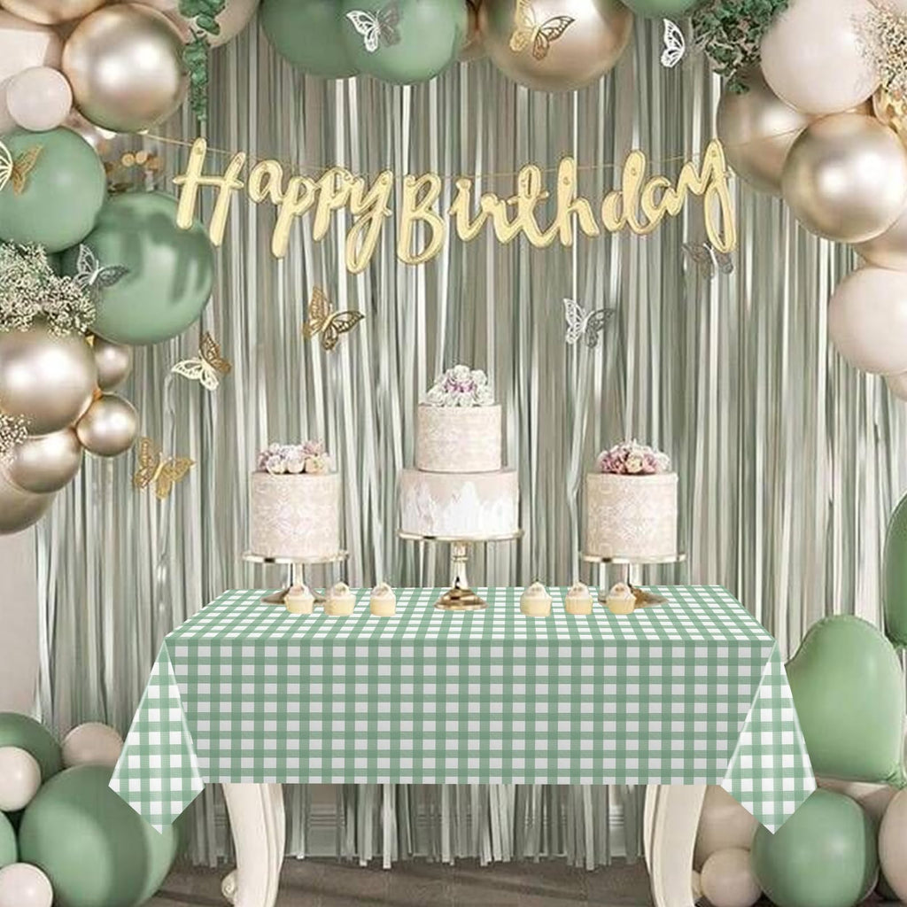 3Pcs Sage Green Gingham Birthday Party Tablecloth Decorations,Green White Checkered Plastic Table Cover Disposable Rectangle Plaid Table Cloth for Baby Shower Kids Wedding Party Supplies,54x108 Inch