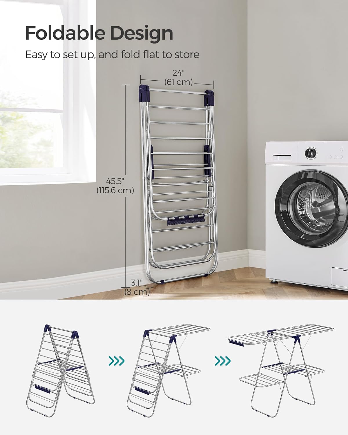 SONGMICS Foldable Clothes Drying Rack - 2-Level Laundry Airer with Adjustable Wings & 33 Rails | Silver and Blue