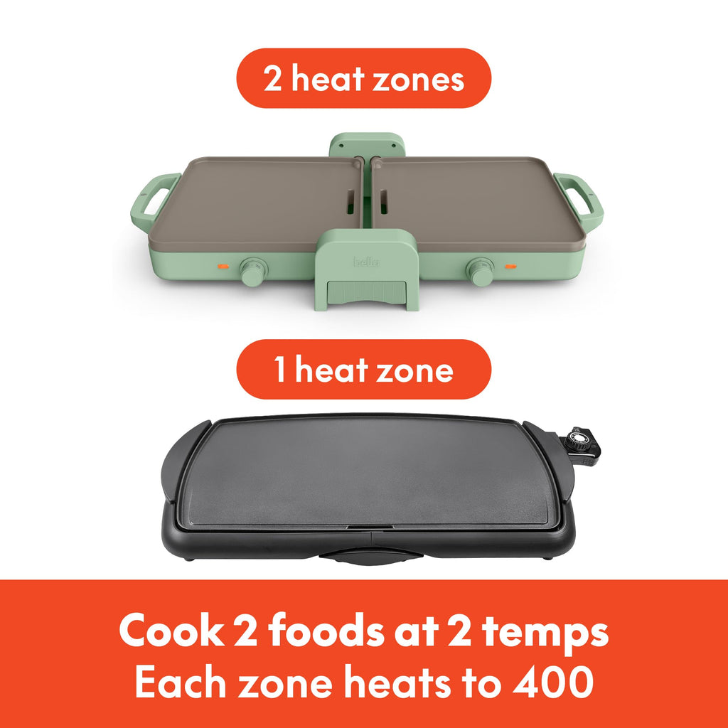 Bella 10"x 20" Ceramic Fold-n-Store Dual Temp Griddle, Fits-anywhere™ Kitchenware, EverGood Ceramic Nonstick Coating, 2 Temperature Zones up to 400°F, Dishwasher Safe Drip Tray, 1500 Watt, Seaglass