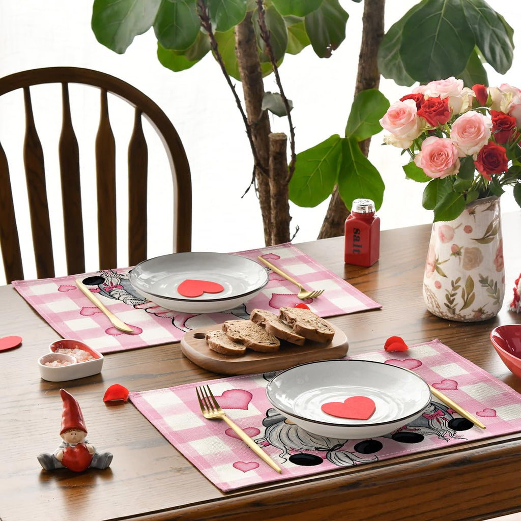 Artoid Mode Pink Buffalo Plaid Hearts Gnomes Valentine Placemats Set of 4, 12x18 Inch Seasonal Anniversary Holiday Table Mats for Party Kitchen Dining Decoration