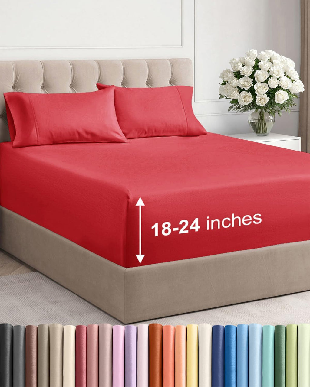 Skiennix Extra Deep Twin Sheet Set - 4 Piece Breathable Cooling Bedding - Soft Wrinkle-Free Red Sheets
