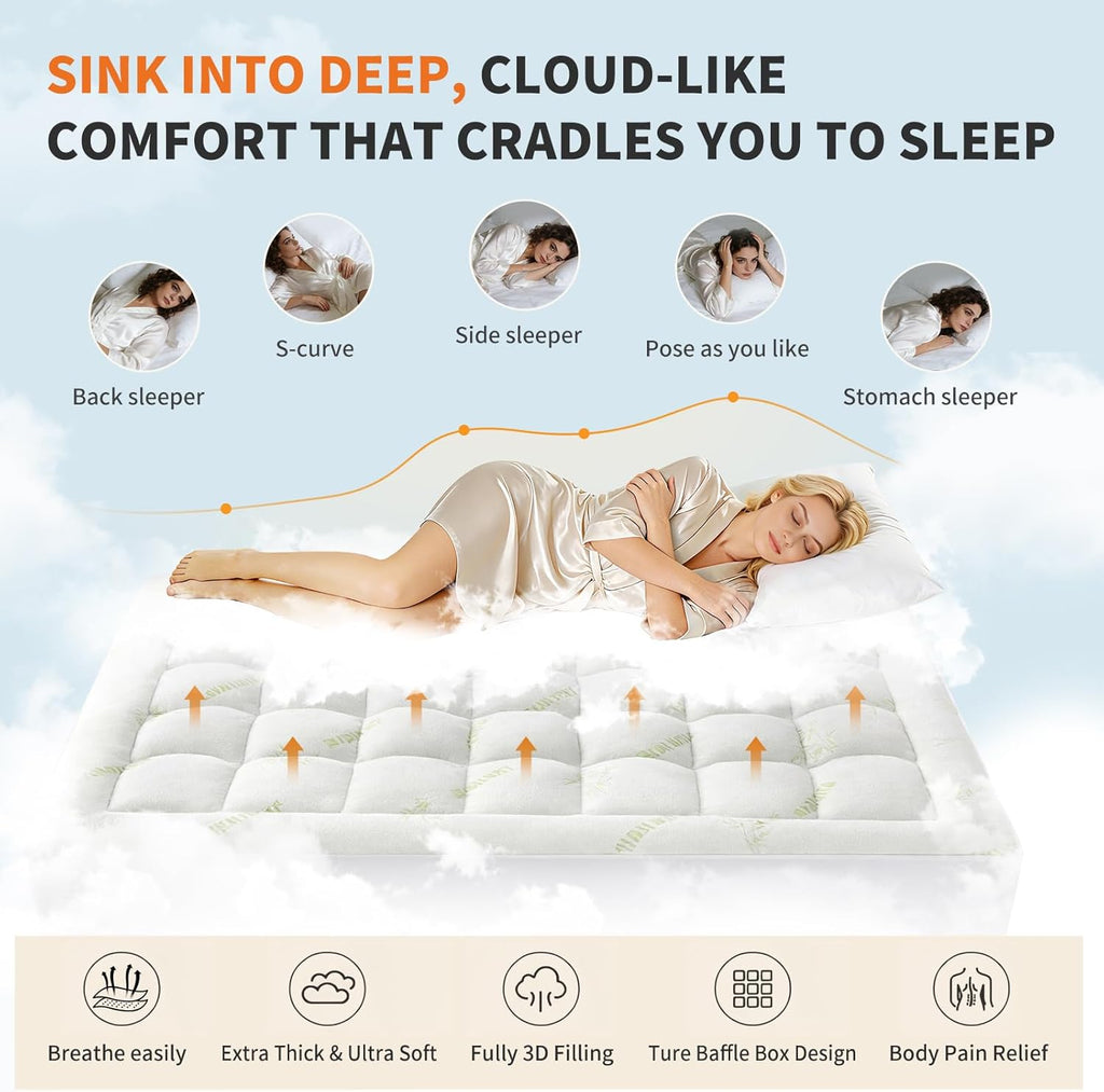 Sweetcrispy Ultra Soft Mattress Topper - Queen Size Bamboo Viscose Pillow Top for Cooling Comfort & Back Pain Relief, Green