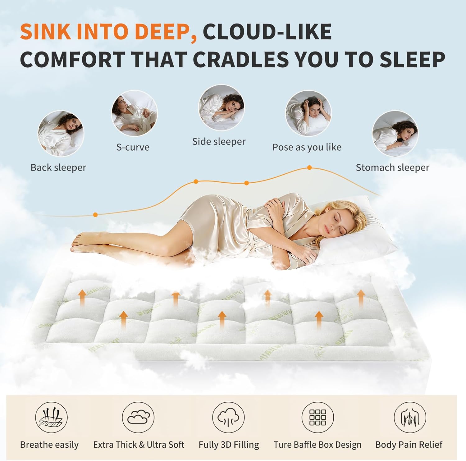 Sweetcrispy Ultra Soft Mattress Topper - Queen Size Bamboo Viscose Pillow Top for Cooling Comfort & Back Pain Relief, Green
