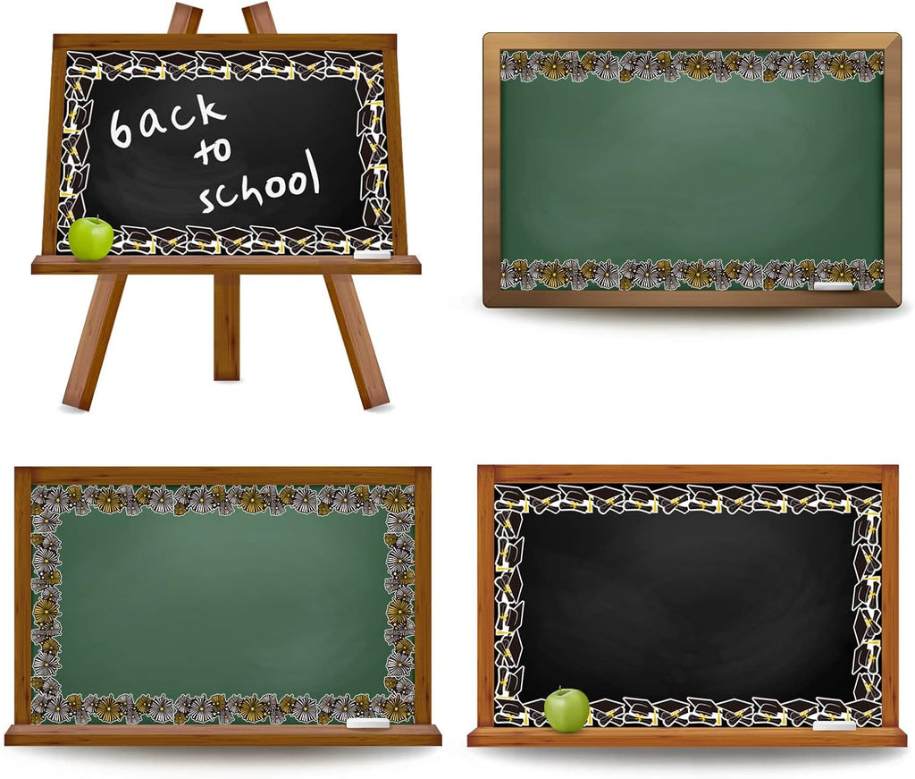 Whaline Graduation Bulletin Board Border - Firework & Cap Design | 69Ft Black, Gold & White Decor
