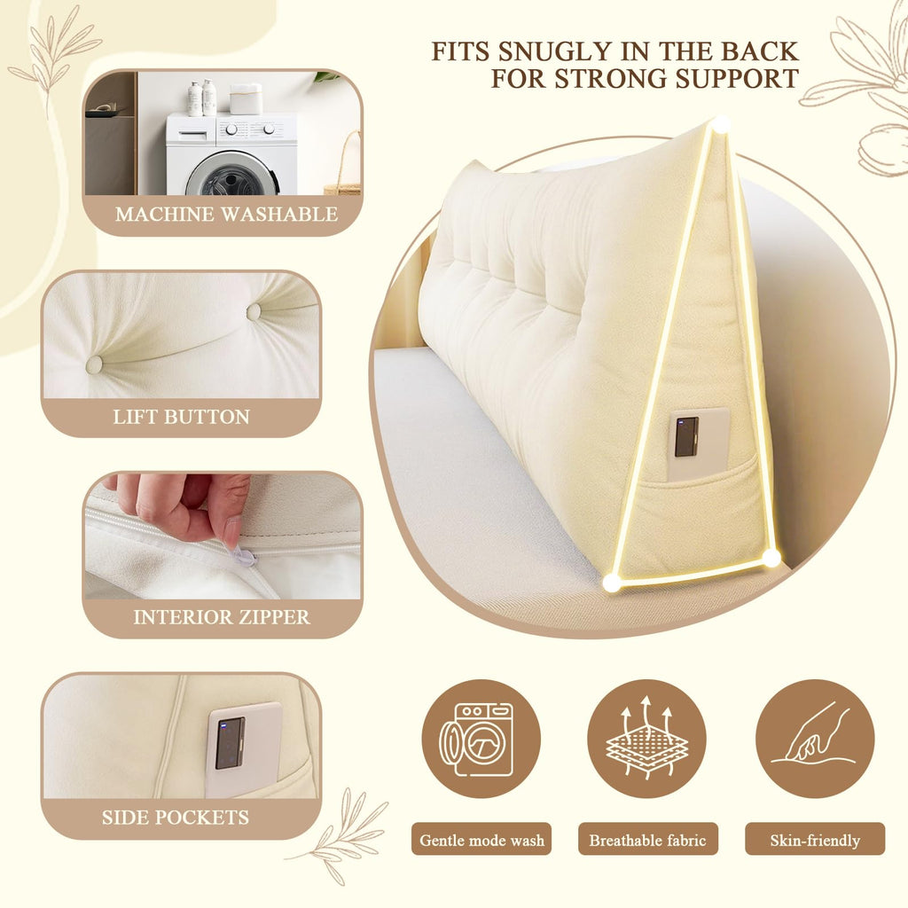 DANGHOOGY Headboard Pillow King, Large Triangular Wedge Headboard Pillow for Reading and Resting, Backrest Positioning Support Pillow with Removable Cover (Beige)