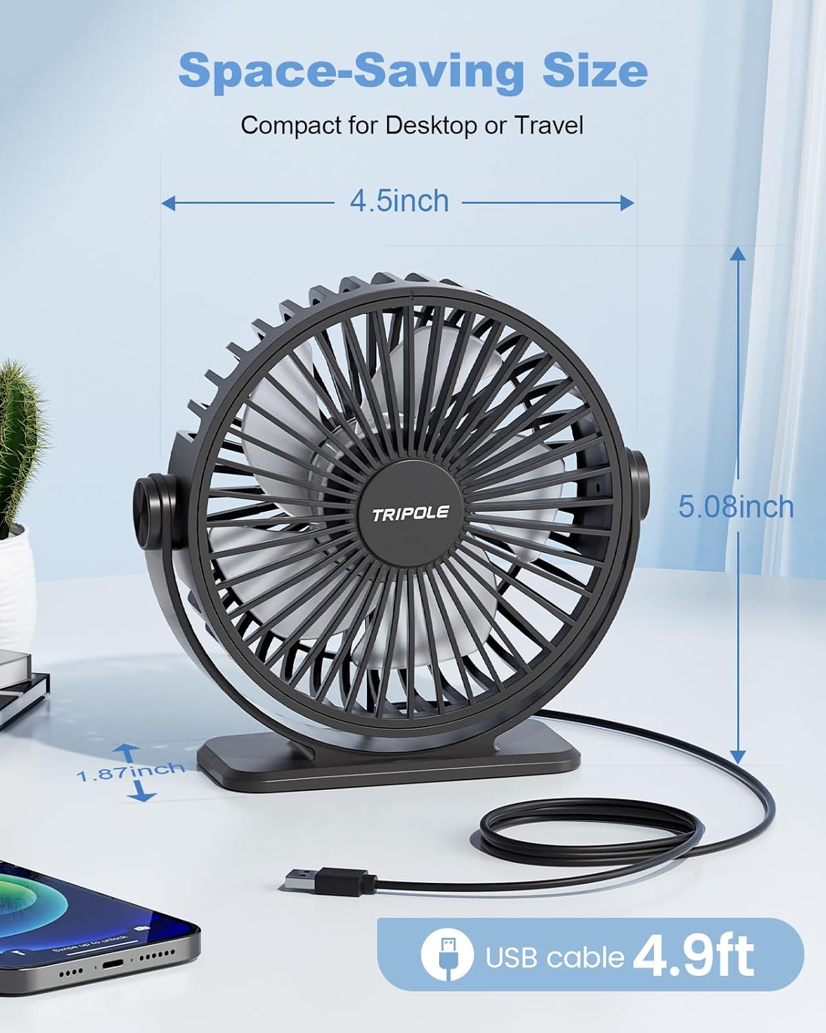 TriPole USB Powered Desk Fan - Portable Mini Fan with 3 Adjustable Speeds & 360° Rotation | Quiet Design for Home & Office - Black, 4.9ft Cable
